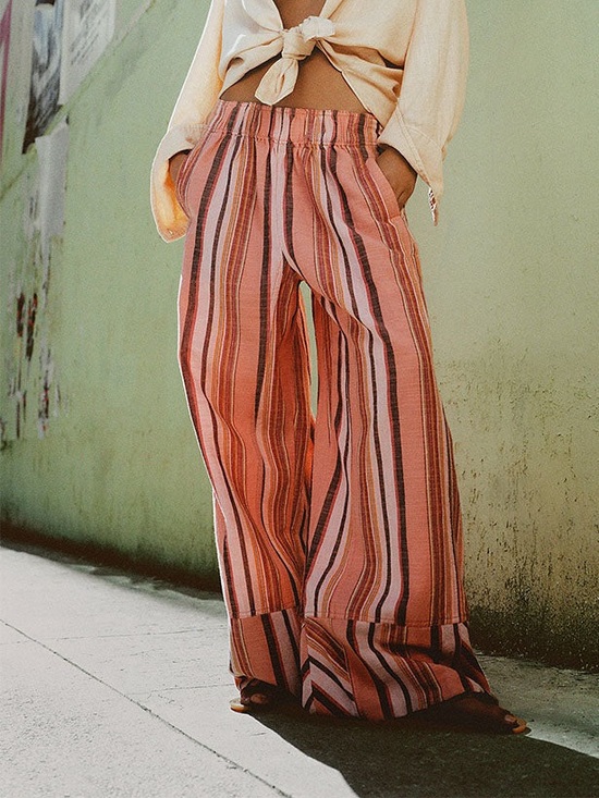 Free People Pants - Free People Days End Cotton & LinenStriped Wide-Leg Pants Flowy Size Large